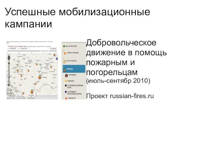 Успешные мобилизационные кампании Добровольческое движение в помощь пожарным и погорельцам (июль-сентябр 2010) Проект russian-fires.ru