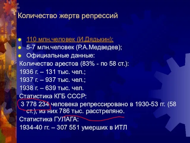 Количество жертв репрессий 110 млн.человек (И.Дядькин); 5-7 млн.человек (Р.А.Медведев); Официальные данные: Количество