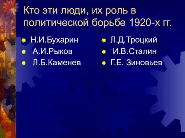 Кто эти люди, их роль в политической борьбе 1920-х гг. Н.И.Бухарин А.И.Рыков