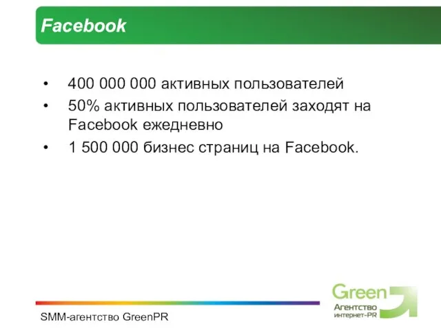 SMM-агентство GreenPR Facebook 400 000 000 активных пользователей 50% активных пользователей заходят