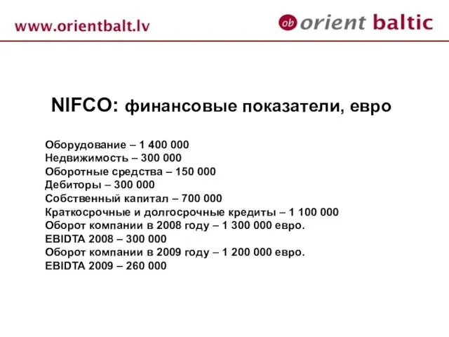 NIFCO: финансовые показатели, евро Оборудование – 1 400 000 Недвижимость – 300