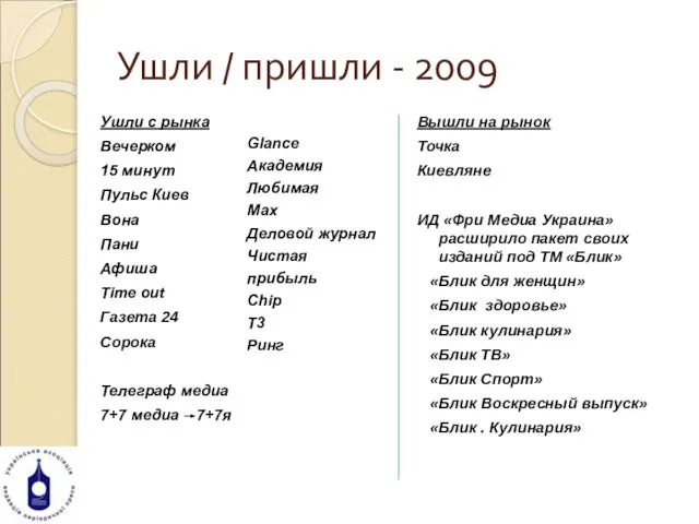 Ушли / пришли - 2009 Ушли с рынка Вечерком 15 минут Пульс