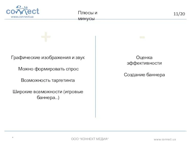 11/20 * ООО “КОННЕКТ МЕДИА” www.connect.ua Плюсы и минусы + - Графические