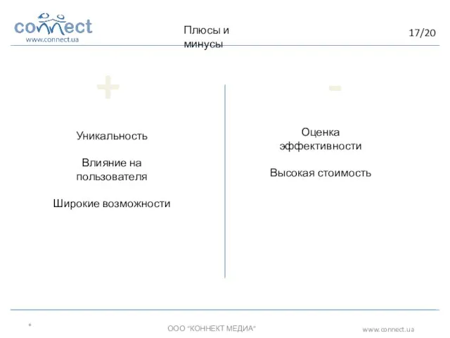 * ООО “КОННЕКТ МЕДИА” www.connect.ua Плюсы и минусы + - Уникальность Влияние