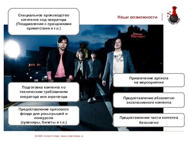 © 2009. Content Chaos. www.contentchaos.ru Наши возможности Специальное производство котнтента под оператора