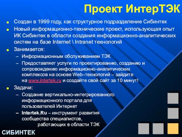 Проект ИнтерТЭК Создан в 1999 году, как структурное подразделение Сибинтек Новый информационно-технические