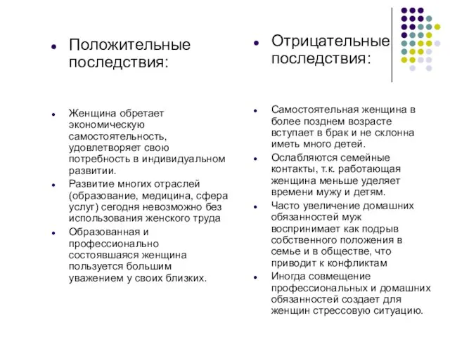 Положительные последствия: Женщина обретает экономическую самостоятельность, удовлетворяет свою потребность в индивидуальном развитии.