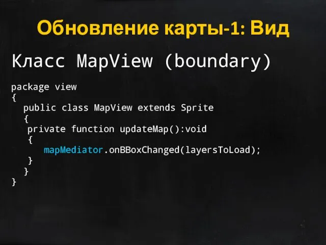 Обновление карты-1: Вид Класс MapView (boundary) package view { public class MapView