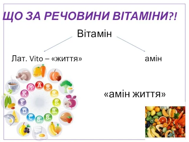 ЩО ЗА РЕЧОВИНИ ВІТАМІНИ?! Вітамін Лат. Vito – «життя» амін Амин «амін життя»