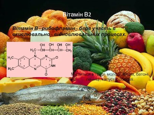 Вітамін В2 Вітамін В - рибофламин - бере участь в окислювально -