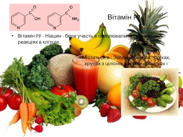 Вітамін PP Вітамін PP - Ніацин - бере участь в окислювально -