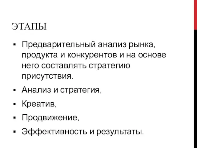 ЭТАПЫ Предварительный анализ рынка, продукта и конкурентов и на основе него составлять