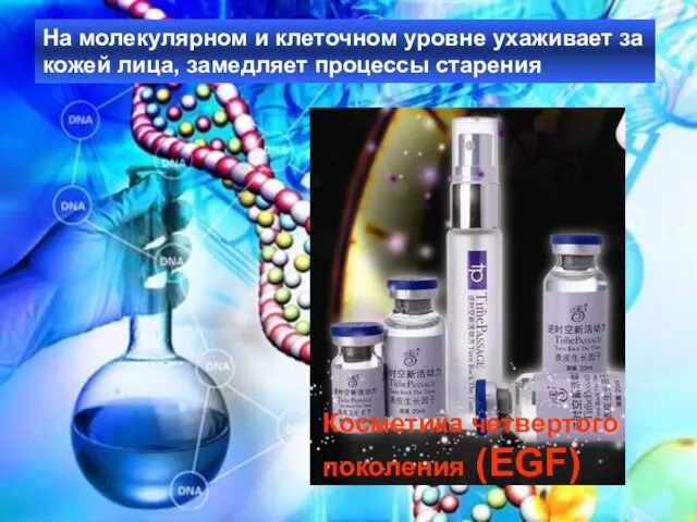 Косметика четвертого поколения (EGF) На молекулярном и клеточном уровне ухаживает за кожей лица, замедляет процессы старения