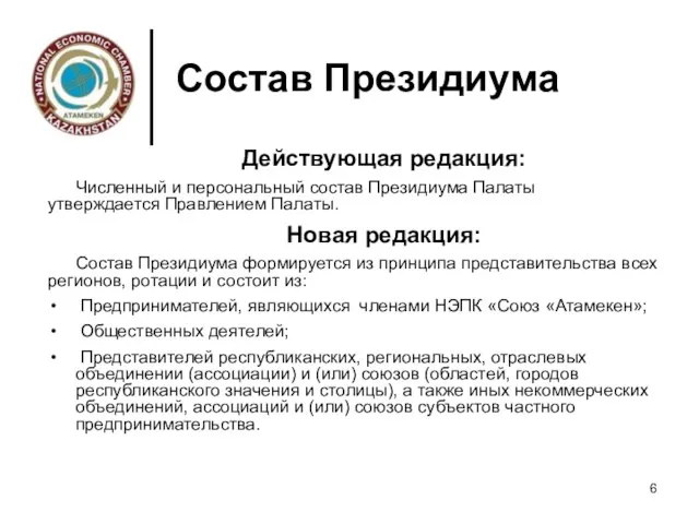 Состав Президиума Действующая редакция: Численный и персональный состав Президиума Палаты утверждается Правлением