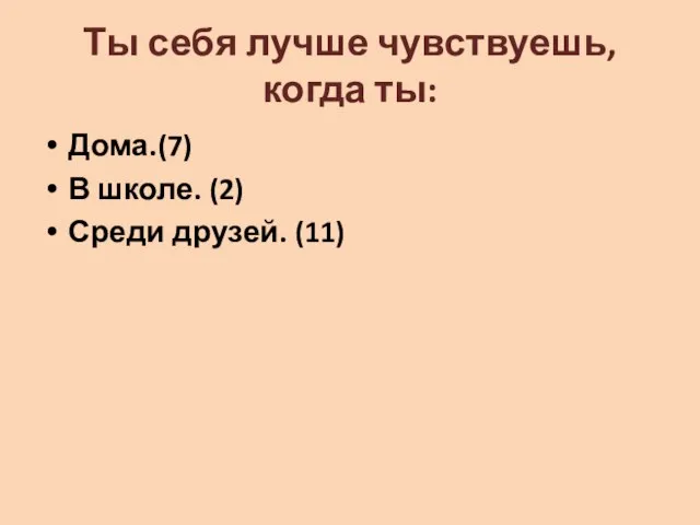 Ты себя лучше чувствуешь, когда ты: Дома.(7) В школе. (2) Среди друзей. (11)