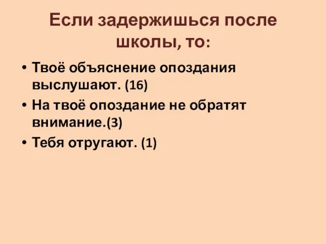 Если задержишься после школы, то: Твоё объяснение опоздания выслушают. (16) На твоё