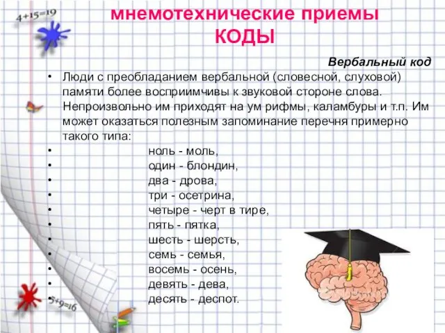 мнемотехнические приемы КОДЫ Вербальный код Люди с преобладанием вербальной (словесной, слуховой) памяти