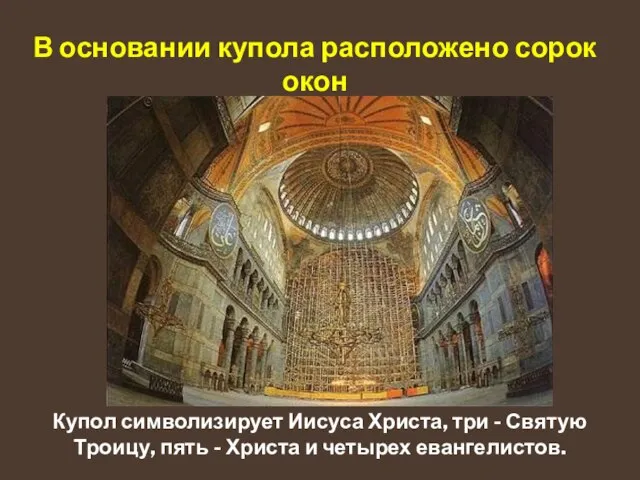 В основании купола расположено сорок окон Купол символизирует Иисуса Христа, три -