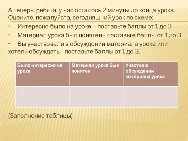 А теперь, ребята, у нас осталось 2 минуты до конца урока. Оцените,