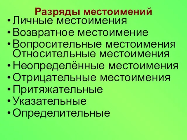 Разряды местоимений Личные местоимения Возвратное местоимение Вопросительные местоимения Относительные местоимения Неопределённые местоимения