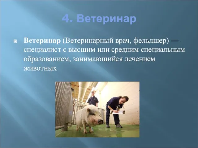 4. Ветеринар Ветеринар (Ветеринарный врач, фельдшер) — специалист с высшим или средним