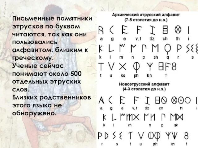 Письменные памятники этрусков по буквам читаются, так как они пользовались алфавитом, близким