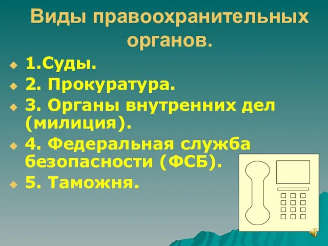 Виды правоохранительных органов. 1.Суды. 2. Прокуратура. 3. Органы внутренних дел (милиция). 4.