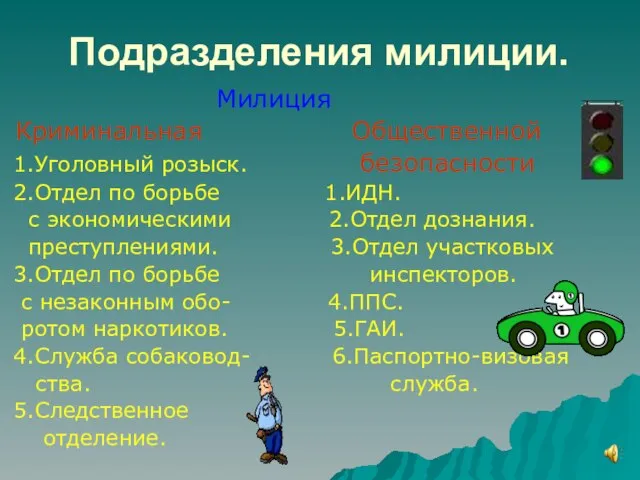 Подразделения милиции. Милиция Криминальная Общественной 1.Уголовный розыск. безопасности 2.Отдел по борьбе 1.ИДН.