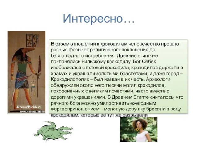 Интересно… В своем отношении к крокодилам человечество прошло разные фазы: от религиозного