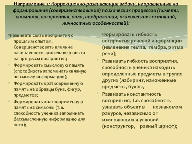 Направление 2: Коррекционно-развивающие задачи, направленные на формирование (совершенствование) психических процессов (памяти, внимания,