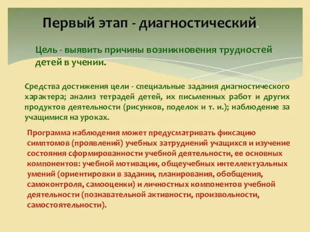 Первый этап - диагностический. Цель - выявить причины возникновения трудностей детей в