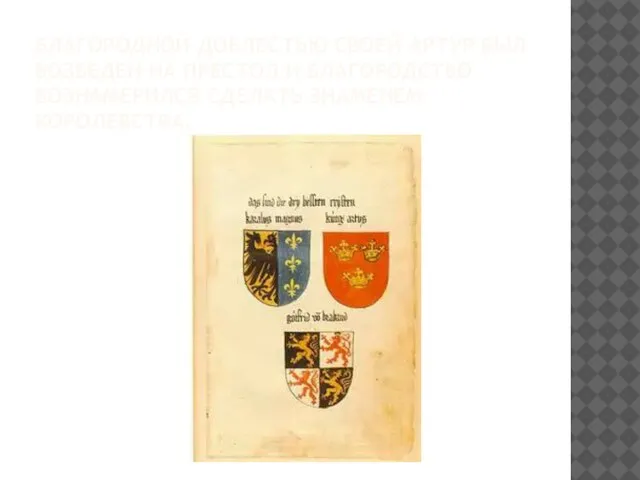 БЛАГОРОДНОЙ ДОБЛЕСТЬЮ СВОЕЙ АРТУР БЫЛ ВОЗВЕДЕН НА ПРЕСТОЛ И БЛАГОРОДСТВО ВОЗНАМЕРИЛСЯ СДЕЛАТЬ ЗНАМЕНЕМ КОРОЛЕВСТВА.