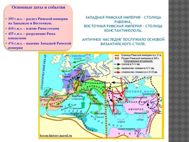 ЗАПАДНАЯ РИМСКАЯ ИМПЕРИЯ – СТОЛИЦА РАВЕННА, ВОСТОЧНАЯ РИМСКАЯ ИМПЕРИЯ – СТОЛИЦА КОНСТАНТИНОПОЛЬ.