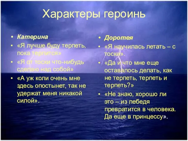 Характеры героинь Катерина «Я лучше буду терпеть, пока терпится» «Я от тоски