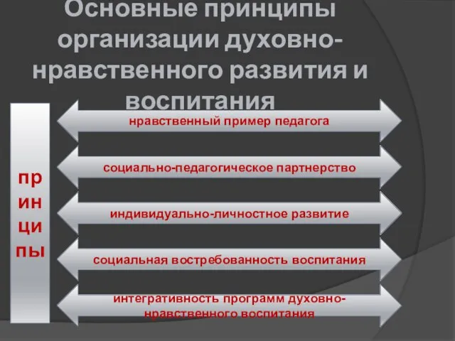 Основные принципы организации духовно-нравственного развития и воспитания принципы нравственный пример педагога индивидуально-личностное