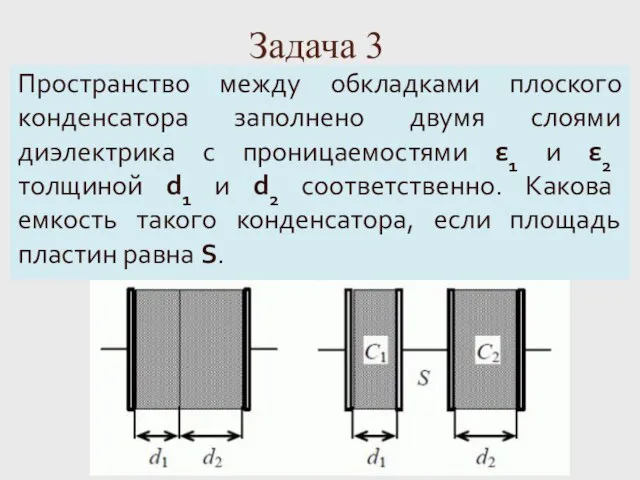 Задача 3 Пространство между обкладками плоского конденсатора заполнено двумя слоями диэлектрика с