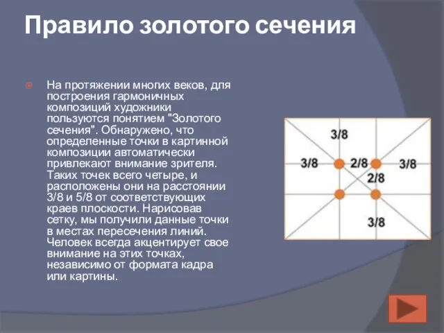 Правило золотого сечения На протяжении многих веков, для построения гармоничных композиций художники