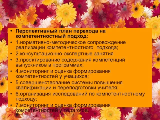 Перспективный план перехода на компетентностный подход: 1.нормативно-методическое сопровождение реализации компетентностного подхода; 2.консультационно-экспертные