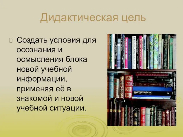 Дидактическая цель Создать условия для осознания и осмысления блока новой учебной информации,