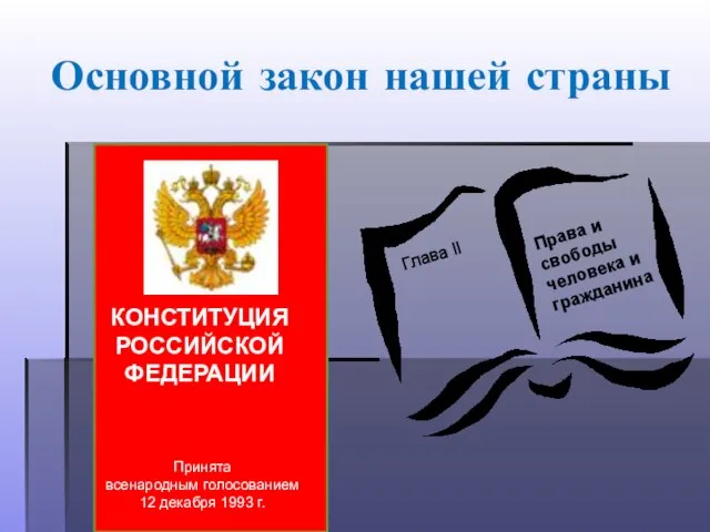 Основной закон нашей страны КОНСТИТУЦИЯ РОССИЙСКОЙ ФЕДЕРАЦИИ Принята всенародным голосованием 12 декабря
