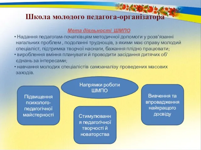 Школа молодого педагога-організатора Мета діяльності ШМПО Надання педагогам-початківцям методичної допомоги у розв’язанні