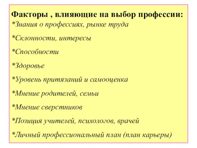 Факторы , влияющие на выбор профессии: *Знания о профессиях, рынке труда *Склонности,