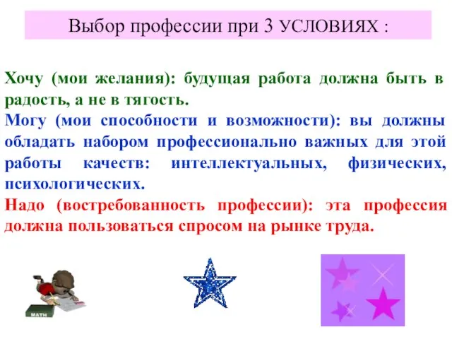 Выбор профессии при 3 УСЛОВИЯХ : Хочу (мои желания): будущая работа должна