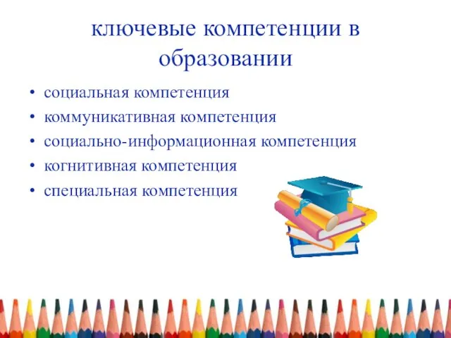 ключевые компетенции в образовании социальная компетенция коммуникативная компетенция социально-информационная компетенция когнитивная компетенция специальная компетенция