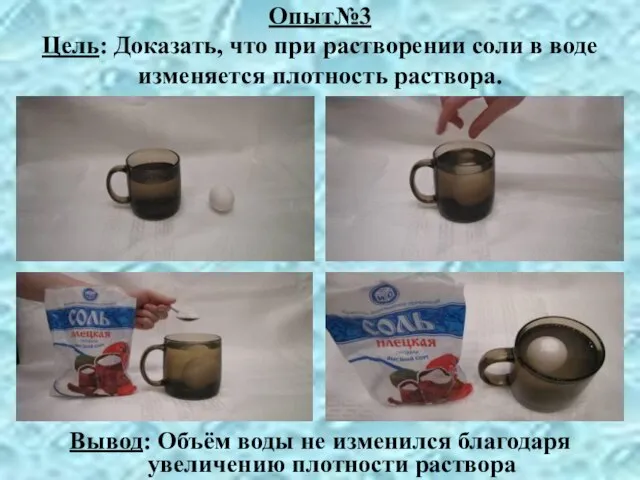 Опыт№3 Цель: Доказать, что при растворении соли в воде изменяется плотность раствора.