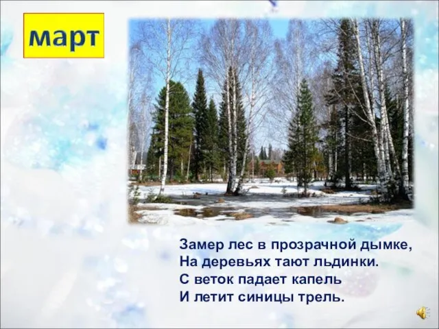 Замер лес в прозрачной дымке, На деревьях тают льдинки. С веток падает