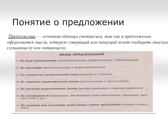 Понятие о предложении Предложение — основная единица синтаксиса, так как в предложении