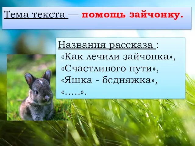 Тема текста — помощь зайчонку. Названия рассказа : «Как лечили зайчонка», «Счастливого