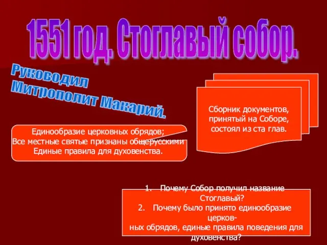 1551 год. Стоглавый собор. Руководил Митрополит Макарий. Сборник документов, принятый на Соборе,