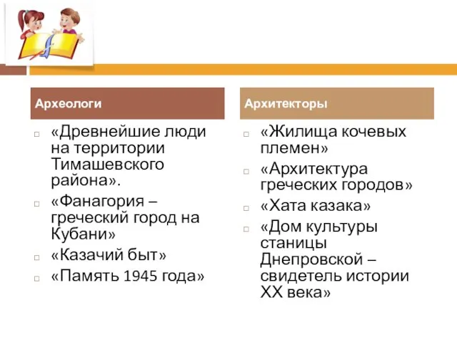 «Древнейшие люди на территории Тимашевского района». «Фанагория – греческий город на Кубани»